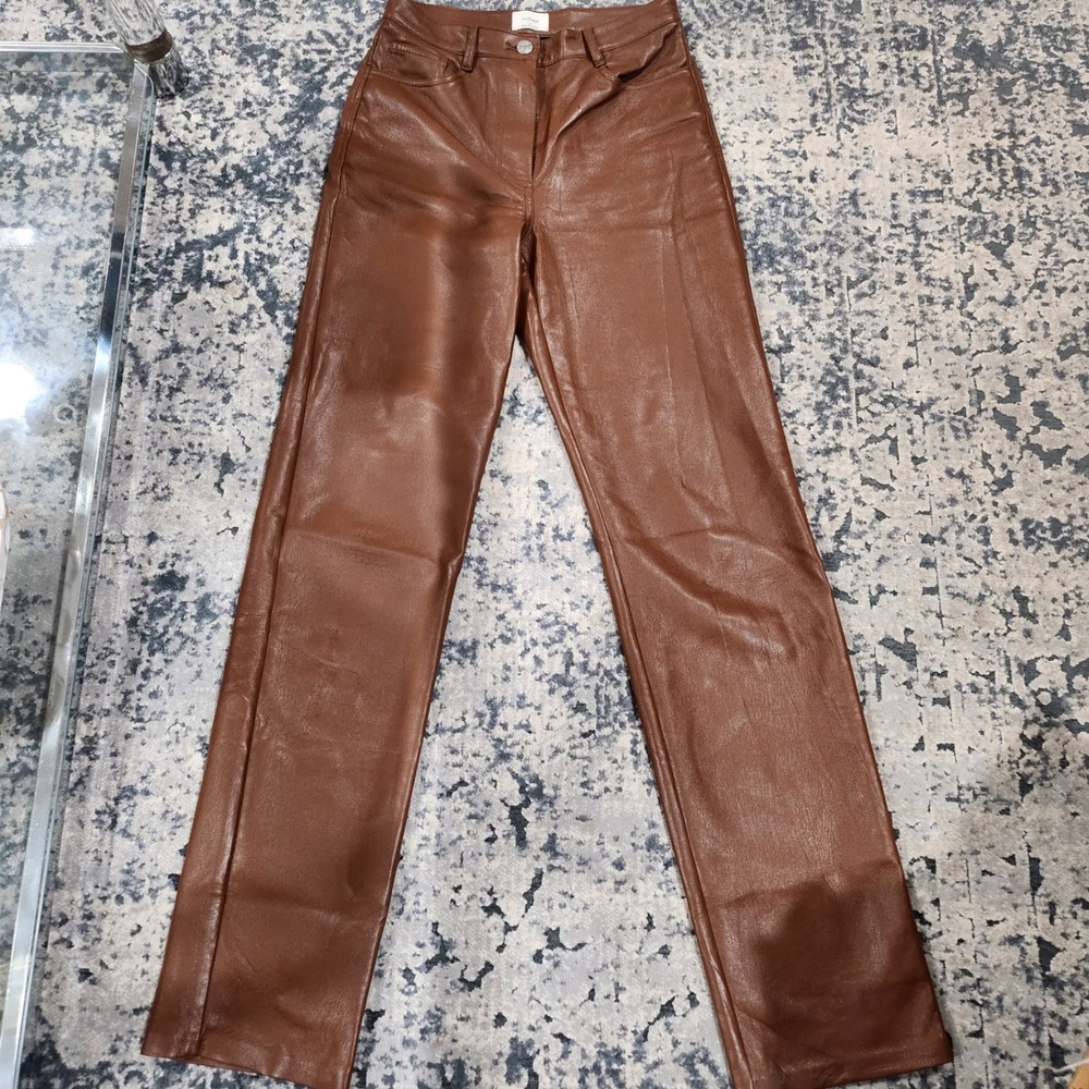 Aritzia Wilfred Melina Pants Brown Vegan Leather High Waist Straight Leg Size 0